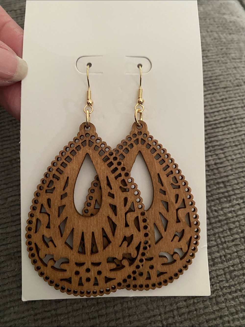 Dark Stained Wooden Carved Drop Boho Earrings